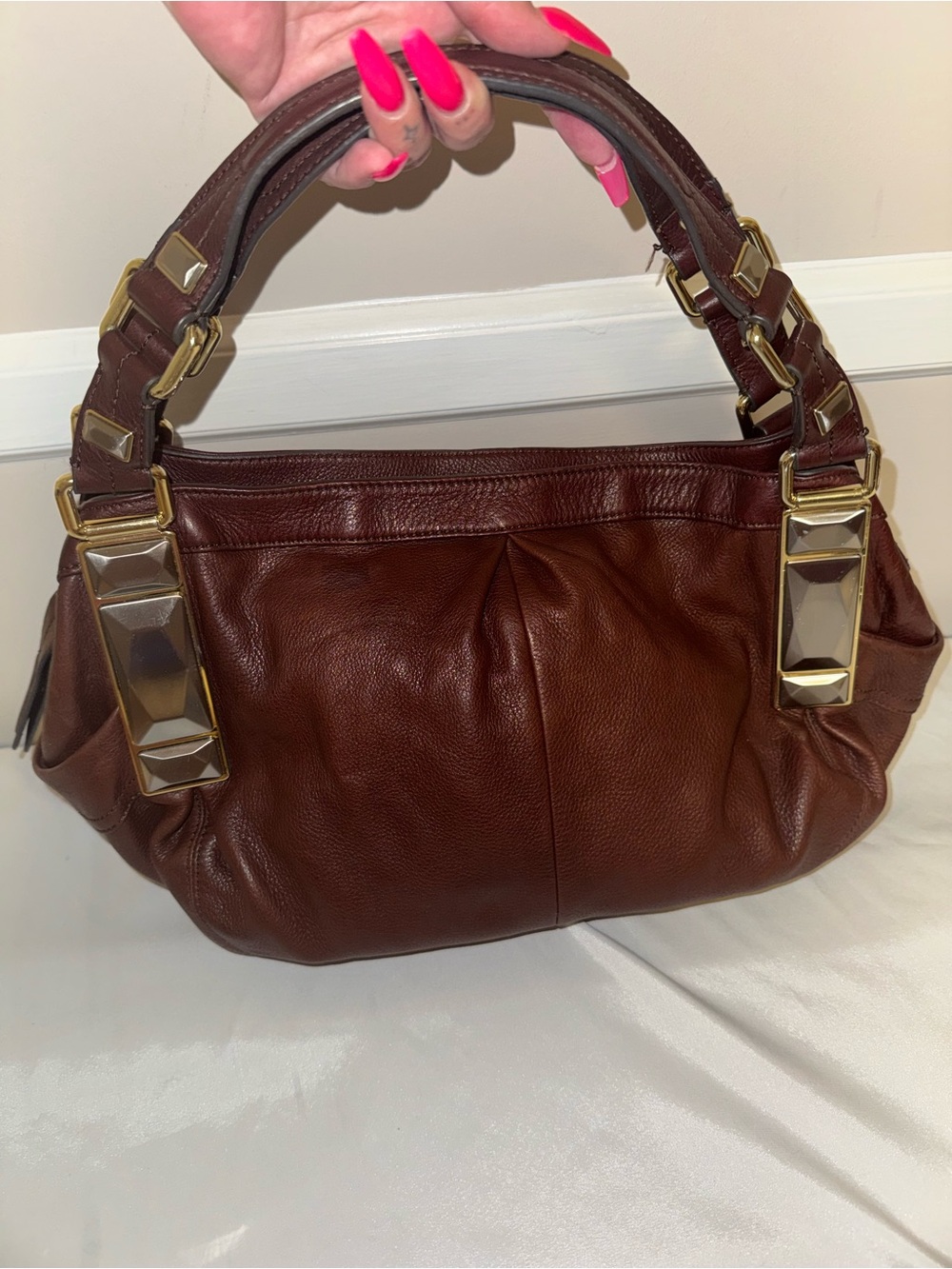 B. Makowsky Leather Shoulder Bag in Dark Brown with Gold Hardware